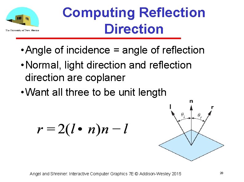 Computing Reflection Direction • Angle of incidence = angle of reflection • Normal, light