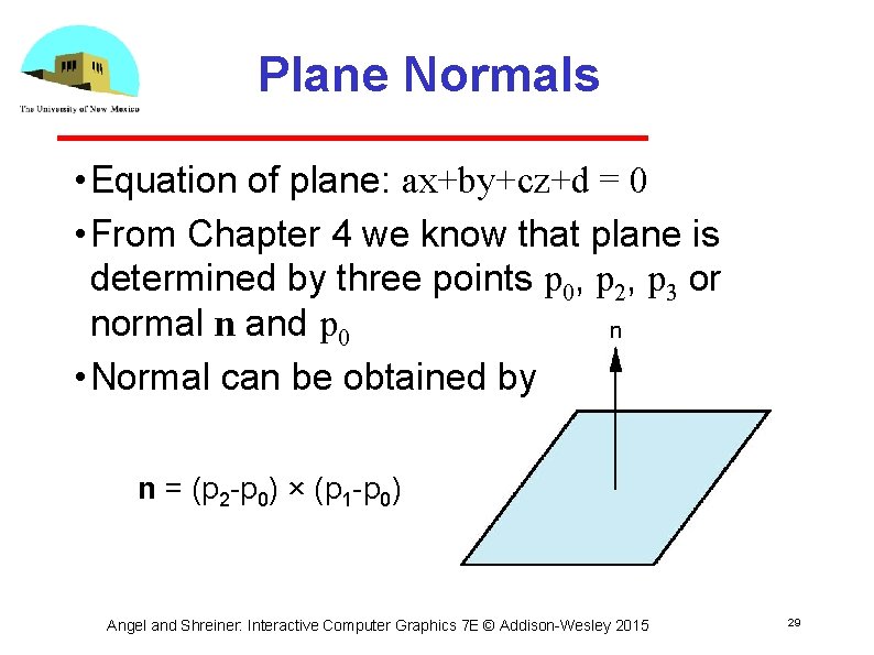 Plane Normals • Equation of plane: ax+by+cz+d = 0 • From Chapter 4 we