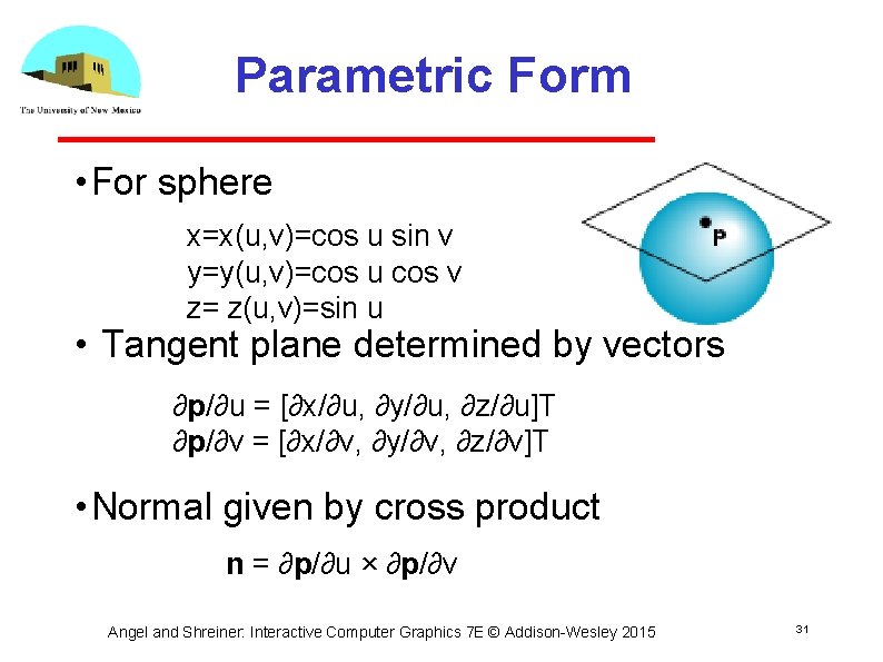 Parametric Form • For sphere x=x(u, v)=cos u sin v y=y(u, v)=cos u cos