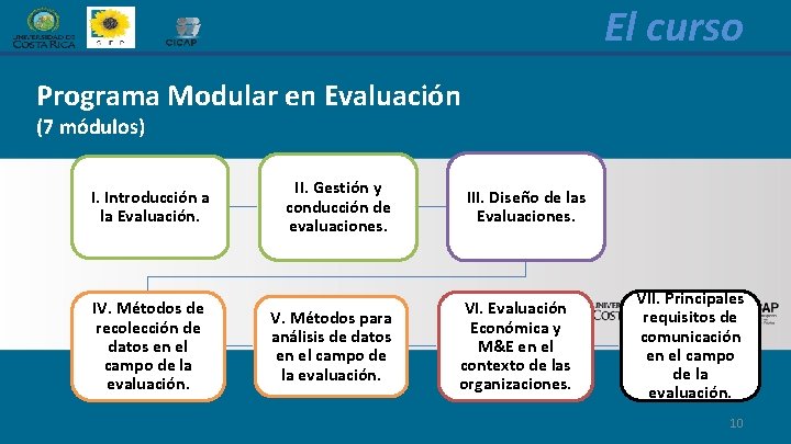 El curso Programa Modular en Evaluación (7 módulos) I. Introducción a la Evaluación. IV.