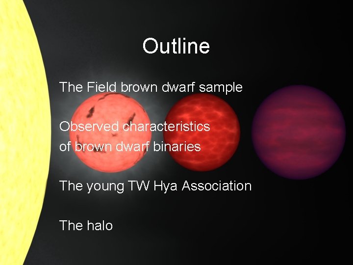 Outline The Field brown dwarf sample Observed characteristics of brown dwarf binaries The young