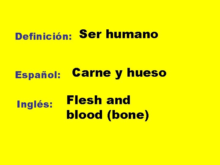 Definición: Español: Inglés: Ser humano Carne y hueso Flesh and blood (bone) 