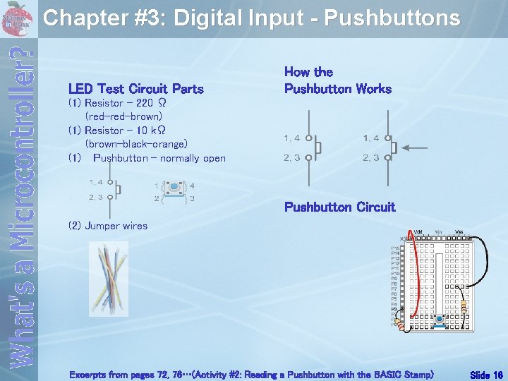 Chapter #3: Digital Input - Pushbuttons LED Test Circuit Parts How the Pushbutton Works
