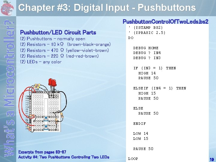 Chapter #3: Digital Input - Pushbuttons Pushbutton. Control. Of. Two. Leds. bs 2 Pushbutton/LED