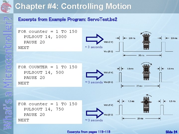 Chapter #4: Controlling Motion Excerpts from Example Program: Servo. Test. bs 2 FOR counter