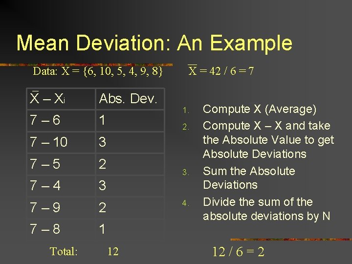 Mean Deviation: An Example Data: X = {6, 10, 5, 4, 9, 8} X