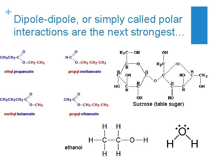 + Dipole-dipole, or simply called polar interactions are the next strongest… Sucrose (table sugar)