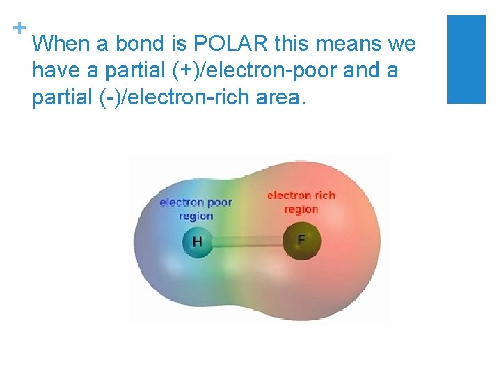 + When a bond is POLAR this means we have a partial (+)/electron-poor and