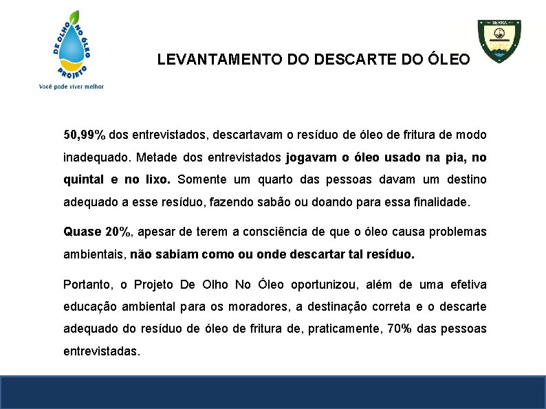LEVANTAMENTO DO DESCARTE DO ÓLEO 50, 99% dos entrevistados, descartavam o resíduo de óleo