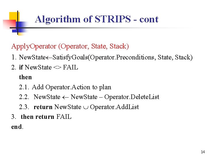 Algorithm of STRIPS - cont Apply. Operator (Operator, State, Stack) 1. New. State Satisfy.