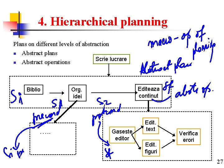 4. Hierarchical planning Plans on different levels of abstraction n Abstract plans Scrie lucrare