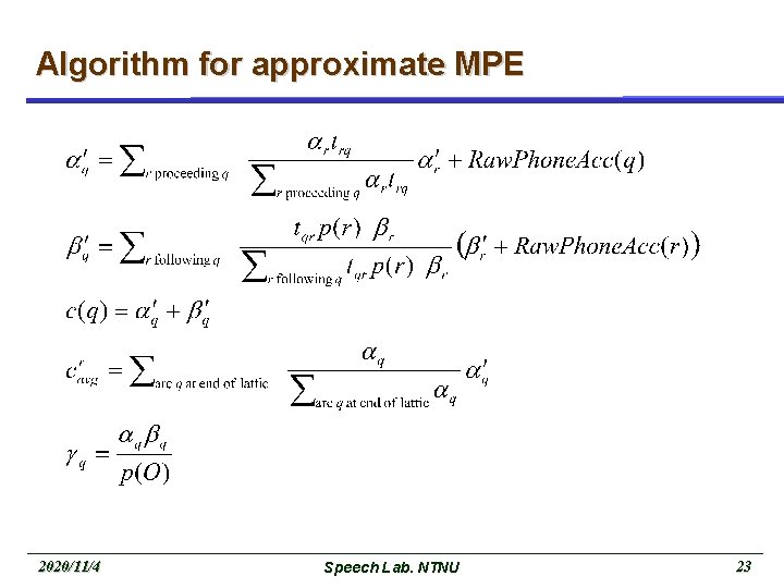 Algorithm for approximate MPE 2020/11/4 Speech Lab. NTNU 23 