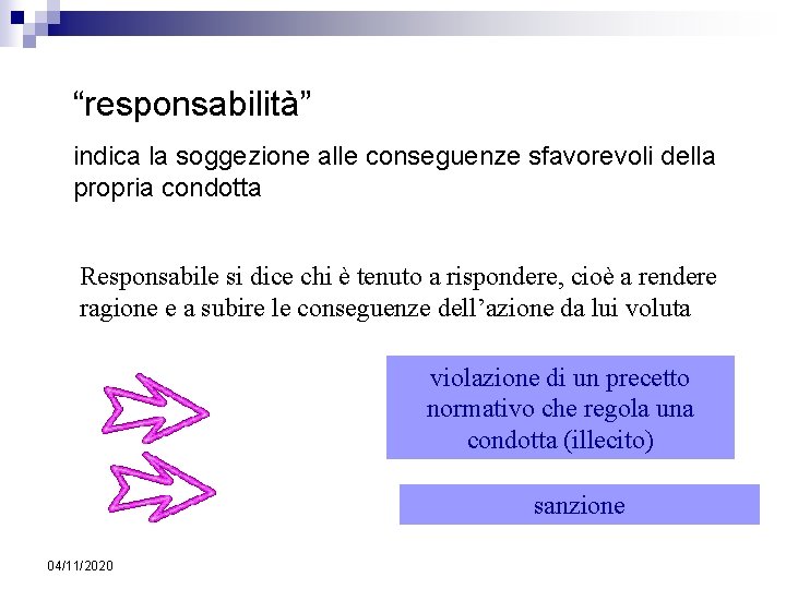 “responsabilità” indica la soggezione alle conseguenze sfavorevoli della propria condotta Responsabile si dice chi