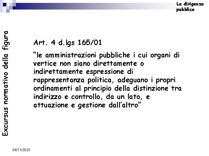 Excursus normativo della figura La dirigenza pubblica Art. 4 d. lgs 165/01 “le amministrazioni