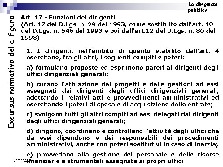 Excursus normativo della figura La dirigenza pubblica Art. 17 - Funzioni dei dirigenti. (Art.