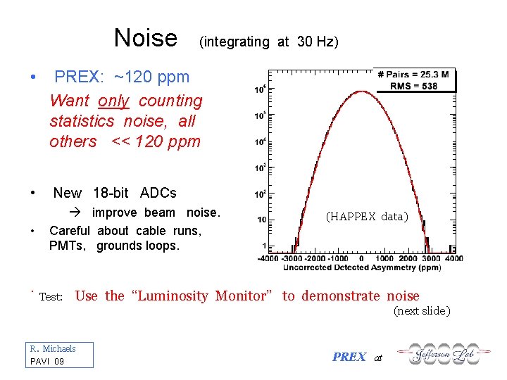 Noise (integrating at 30 Hz) • PREX: ~120 ppm Want only counting statistics noise,