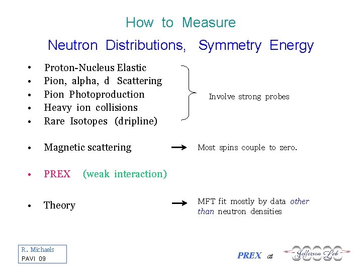 How to Measure Neutron Distributions, Symmetry Energy • • • Proton-Nucleus Elastic Pion, alpha,