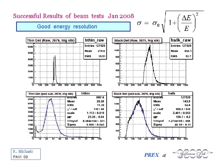 Successful Results of beam tests Jan 2008 Good energy resolution R. Michaels PAVI 09