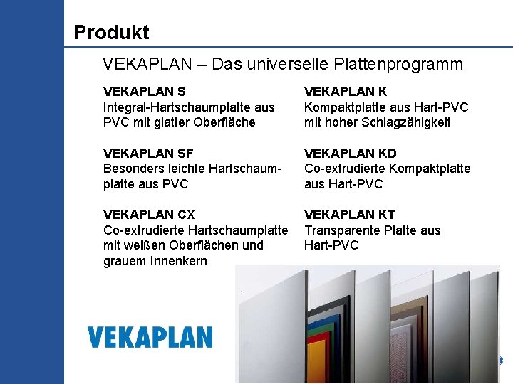 Produkt VEKAPLAN – Das universelle Plattenprogramm VEKAPLAN S Integral-Hartschaumplatte aus PVC mit glatter Oberfläche