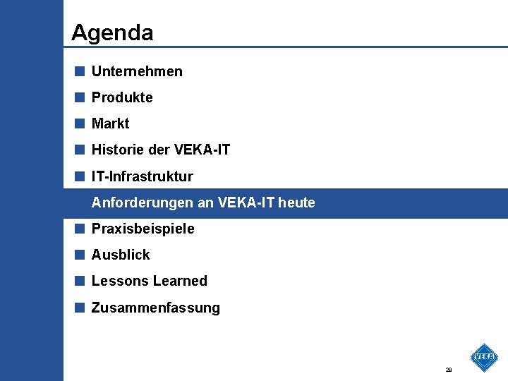 Agenda ■ Unternehmen ■ Produkte ■ Markt ■ Historie der VEKA-IT ■ IT-Infrastruktur ■