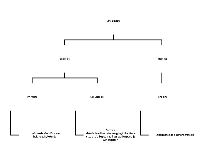 Socialisatie Expliciet Primaire Informele sfeer/'sociale huid'/gezin/vrienden Impliciet Secundaire Formele sfeer/school/werk/vereniging/collectieve rituelen/je bepaalt zelf tot