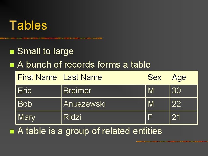 Tables n n n Small to large A bunch of records forms a table Tables n n n Small to large A bunch of records forms a table