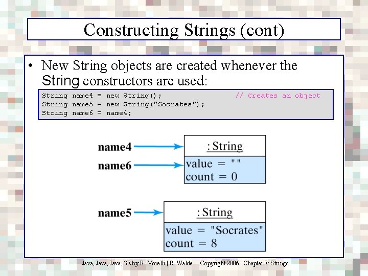 Constructing Strings (cont) • New String objects are created whenever the String constructors are