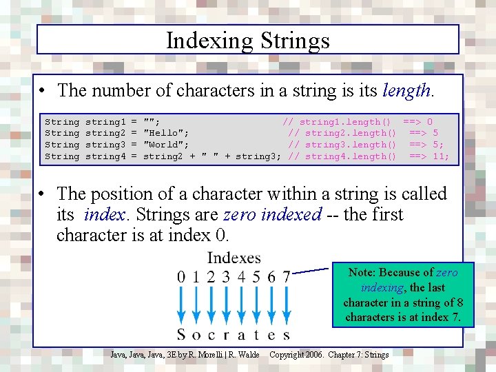 Indexing Strings • The number of characters in a string is its length. String