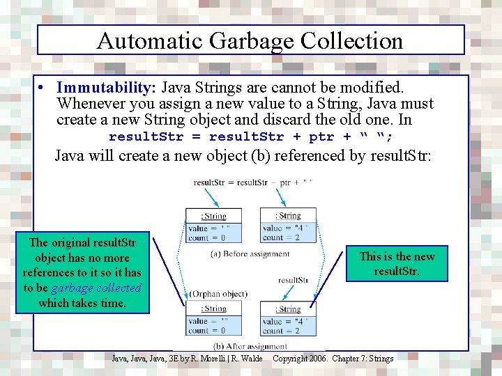 Automatic Garbage Collection • Immutability: Java Strings are cannot be modified. Whenever you assign