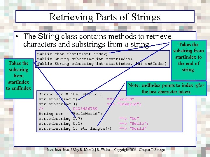Retrieving Parts of Strings • The String class contains methods to retrieve characters and