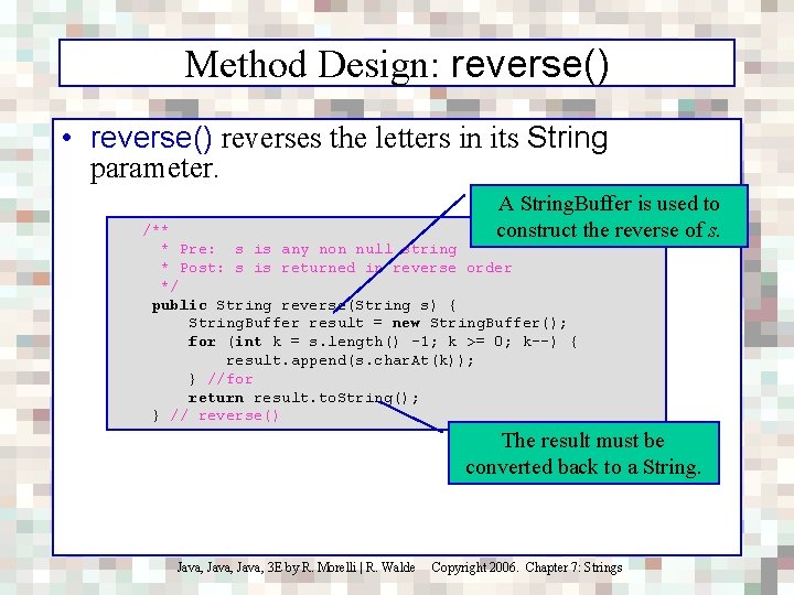 Method Design: reverse() • reverse() reverses the letters in its String parameter. A String.