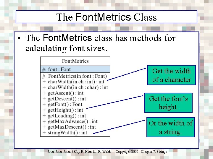 The Font. Metrics Class • The Font. Metrics class has methods for calculating font