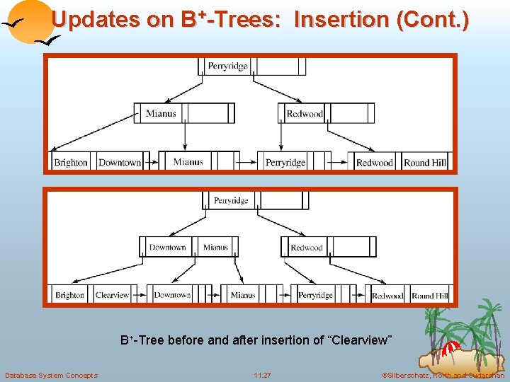 Updates on B+-Trees: Insertion (Cont. ) B+-Tree before and after insertion of “Clearview” Database Updates on B+-Trees: Insertion (Cont. ) B+-Tree before and after insertion of “Clearview” Database