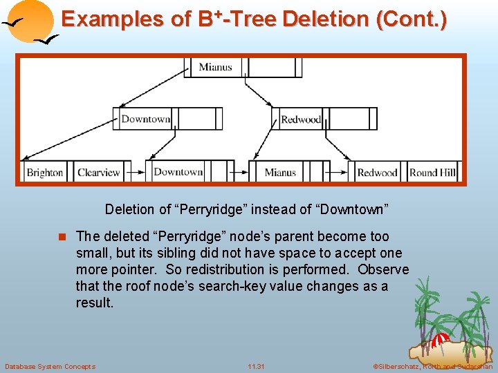 Examples of B+-Tree Deletion (Cont. ) Deletion of “Perryridge” instead of “Downtown” n The Examples of B+-Tree Deletion (Cont. ) Deletion of “Perryridge” instead of “Downtown” n The