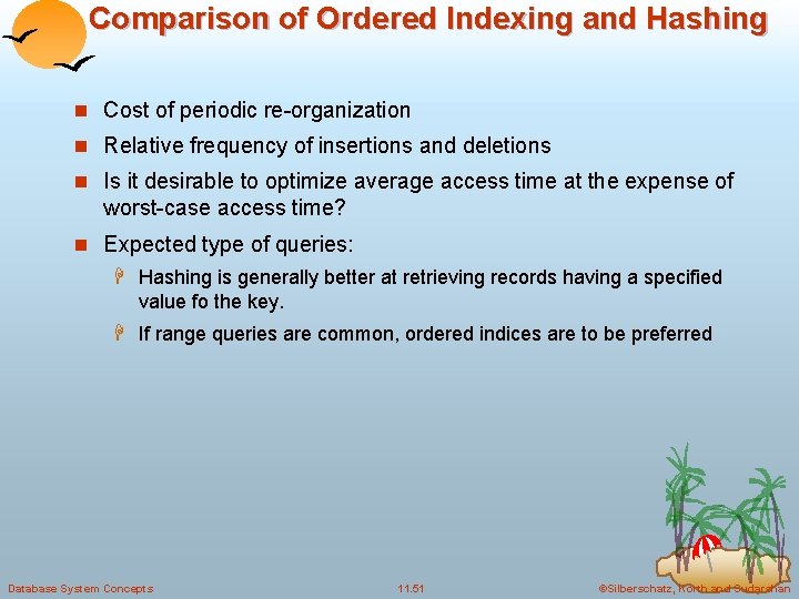 Comparison of Ordered Indexing and Hashing n Cost of periodic re-organization n Relative frequency Comparison of Ordered Indexing and Hashing n Cost of periodic re-organization n Relative frequency