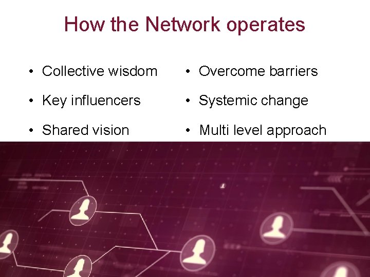 How the Network operates • Collective wisdom • Overcome barriers • Key influencers •