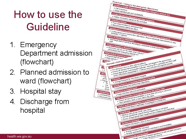 How to use the Guideline 1. Emergency Department admission (flowchart) 2. Planned admission to