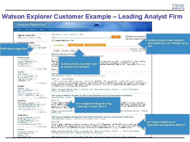 Watson Explorer Customer Example – Leading Analyst Firm Adapted relevance lead to greater user