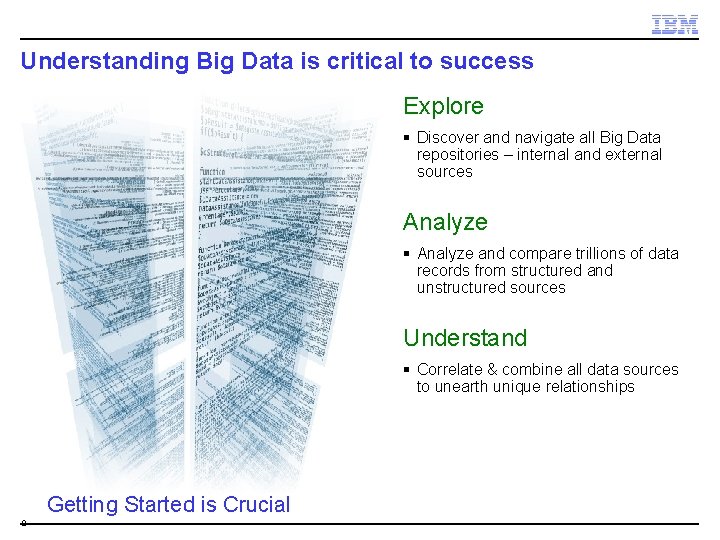 Understanding Big Data is critical to success Explore § Discover and navigate all Big