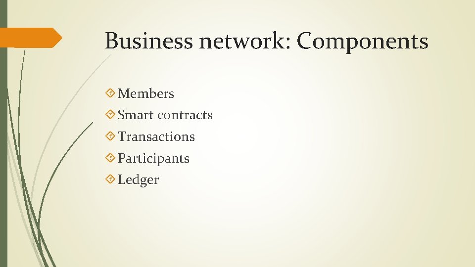 Business network: Components Members Smart contracts Transactions Participants Ledger 