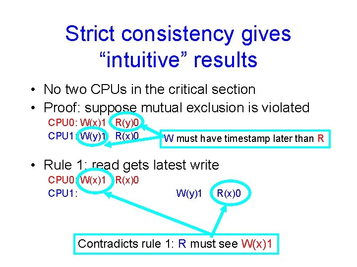 Strict consistency gives “intuitive” results • No two CPUs in the critical section •