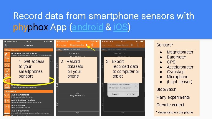 Record data from smartphone sensors with phyphox App (android & i. OS) Sensors* 1.