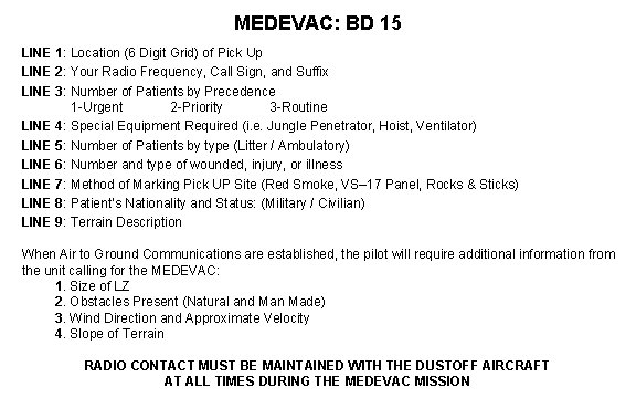 MEDEVAC: BD 15 LINE 1: Location (6 Digit Grid) of Pick Up LINE 2: