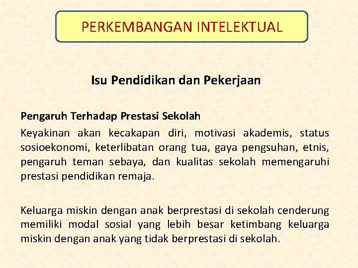 PERKEMBANGAN INTELEKTUAL Isu Pendidikan dan Pekerjaan Pengaruh Terhadap Prestasi Sekolah Keyakinan akan kecakapan diri,