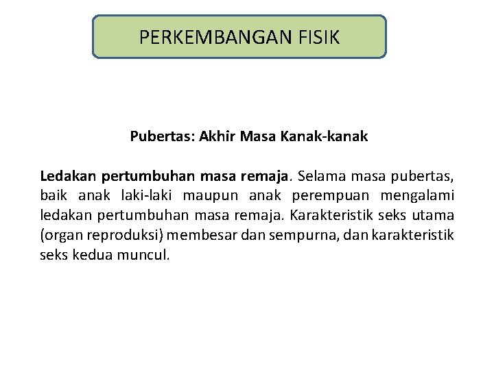 PERKEMBANGAN FISIK Pubertas: Akhir Masa Kanak-kanak Ledakan pertumbuhan masa remaja. Selama masa pubertas, baik