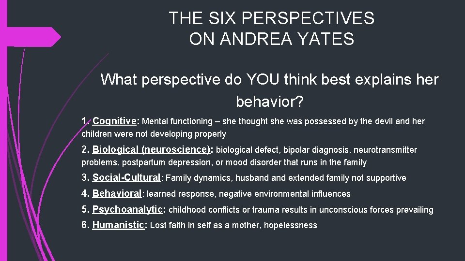 THE SIX PERSPECTIVES ON ANDREA YATES What perspective do YOU think best explains her