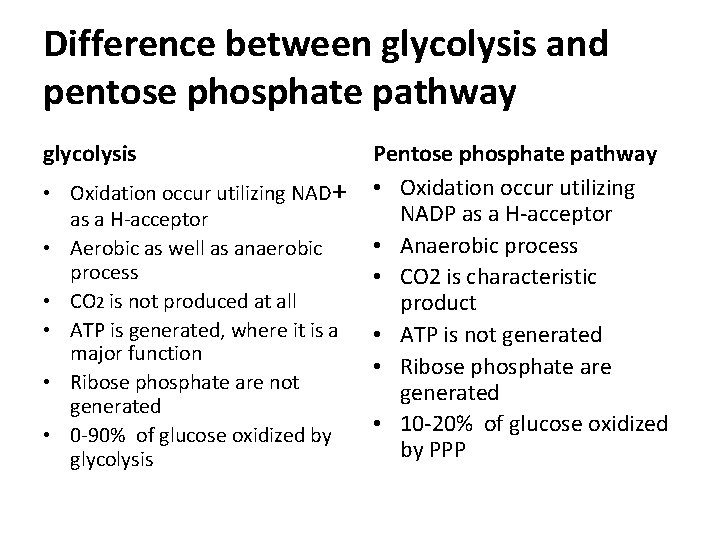 Difference between glycolysis and pentose phosphate pathway glycolysis • Oxidation occur utilizing NAD+ as