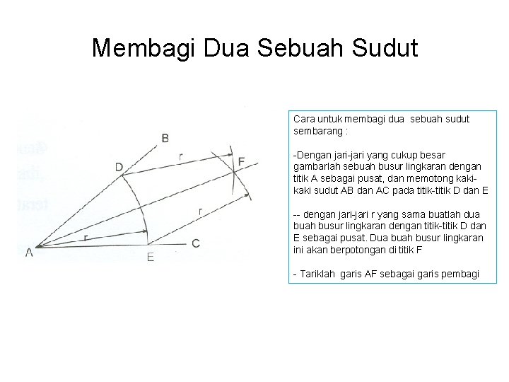 Membagi Dua Sebuah Sudut Cara untuk membagi dua sebuah sudut sembarang : -Dengan jari-jari