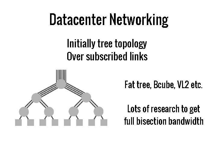 Datacenter Networking Initially tree topology Over subscribed links Fat tree, Bcube, VL 2 etc.
