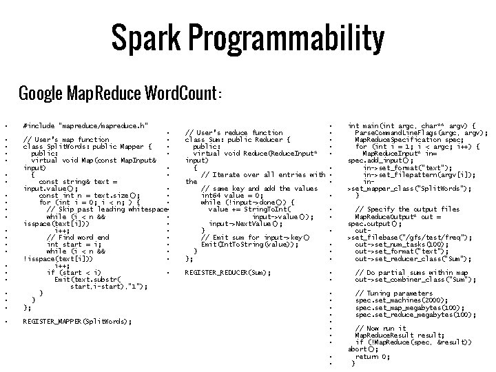 Spark Programmability Google Map. Reduce Word. Count: • • • #include "mapreduce/mapreduce. h" •